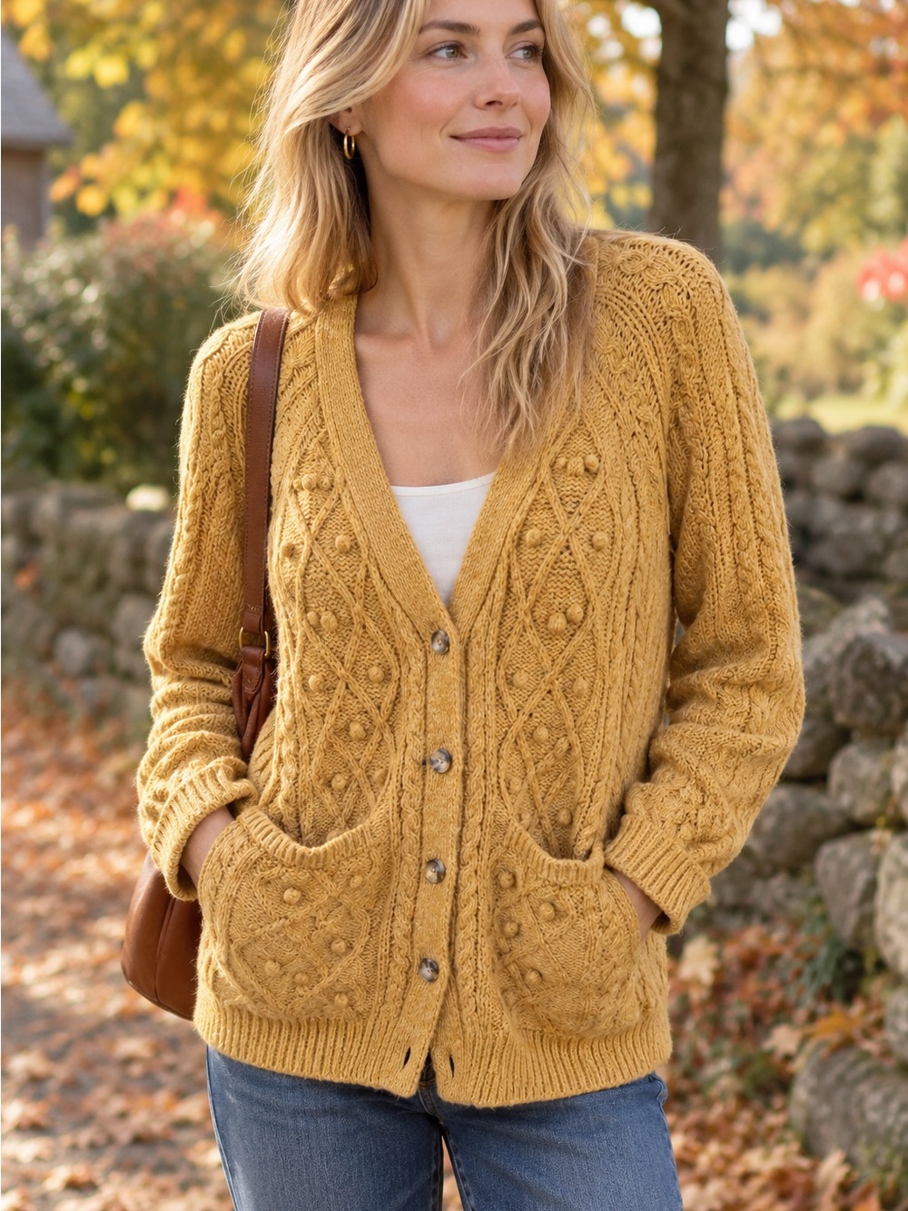 Cupcakes and Cashmere Mustard Cable Knit Cardigan Sweater - size L